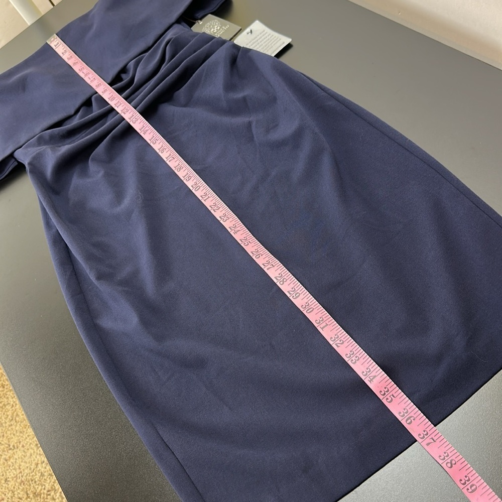 Vince Camuto Navy Off The‎ Shoulder Sheath Dress Size 6 Ruching Elegant Cocktail - Picture 11 of 14